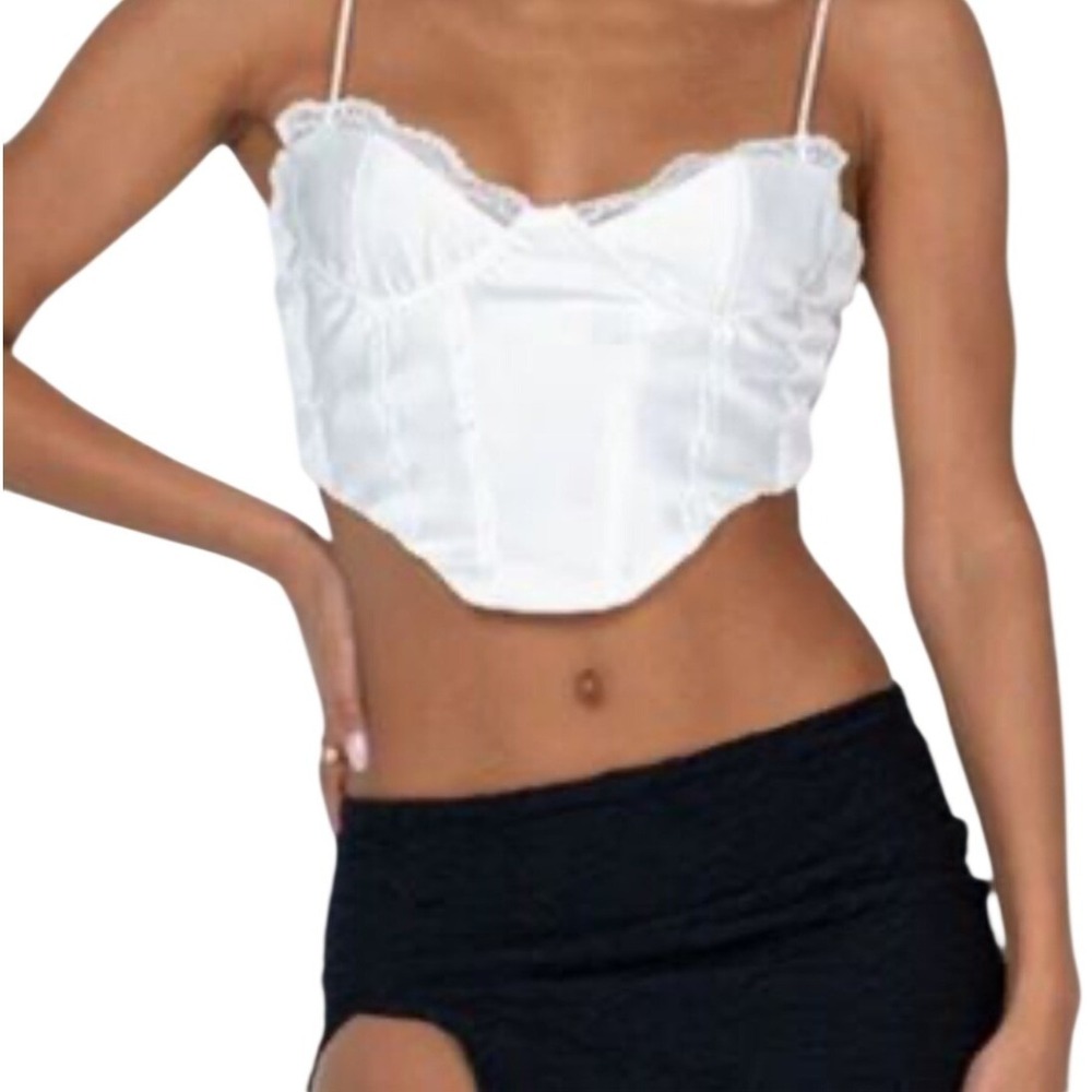 Babydoll Coquette Lace Satin Corset Tank Top White Spaghetti Strap‎ Angel Core 4